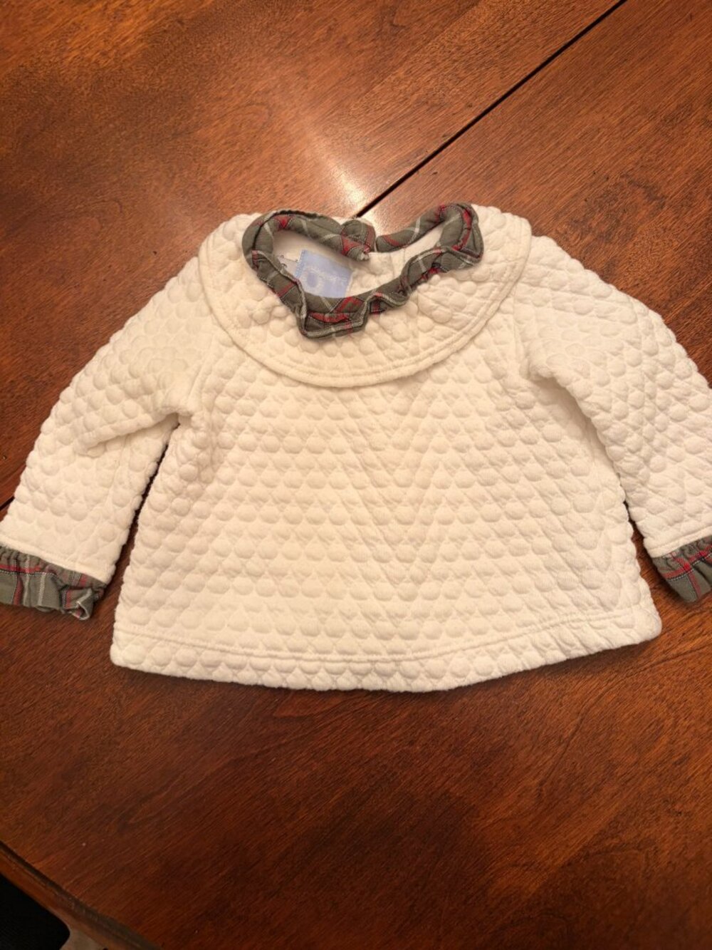 Bella Bliss White Quilted Cardigan/Pullover with Plaid Trim, Size 6M